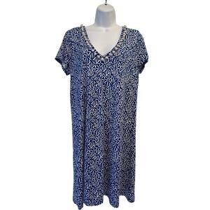 Lilly Pulitzer Etta Print Shift Dress Blue and White Pom Poms Coastal L EUC
 EUC